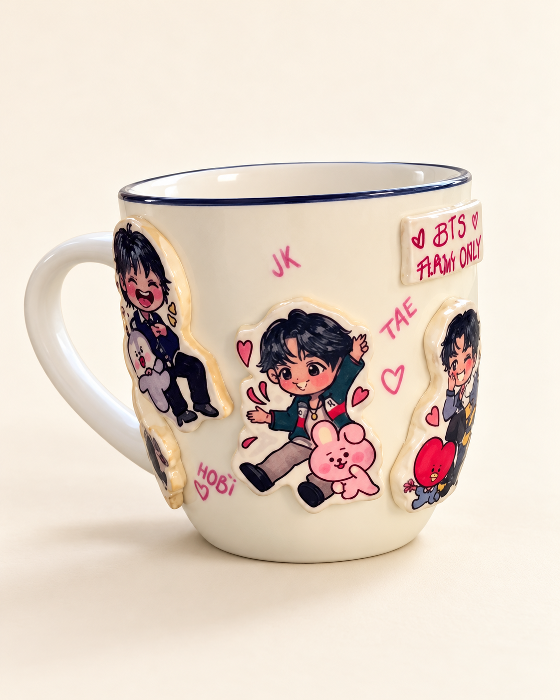 Mimora Studio handmade decorated character-themed mug, studio-style product image